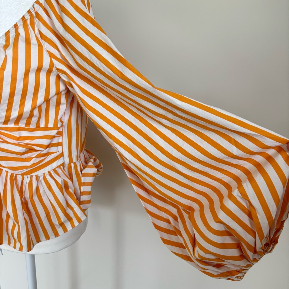 Caroline Constas Onira Balloon Sleeve Off Shoulder Orange Striped Top M - Picture 7 of 12